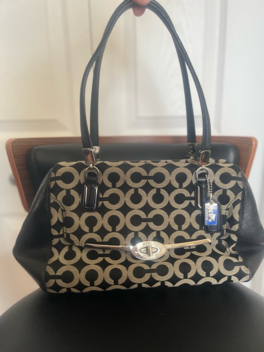 Coach Black and Cream Signature Canvas Shoulder Bag